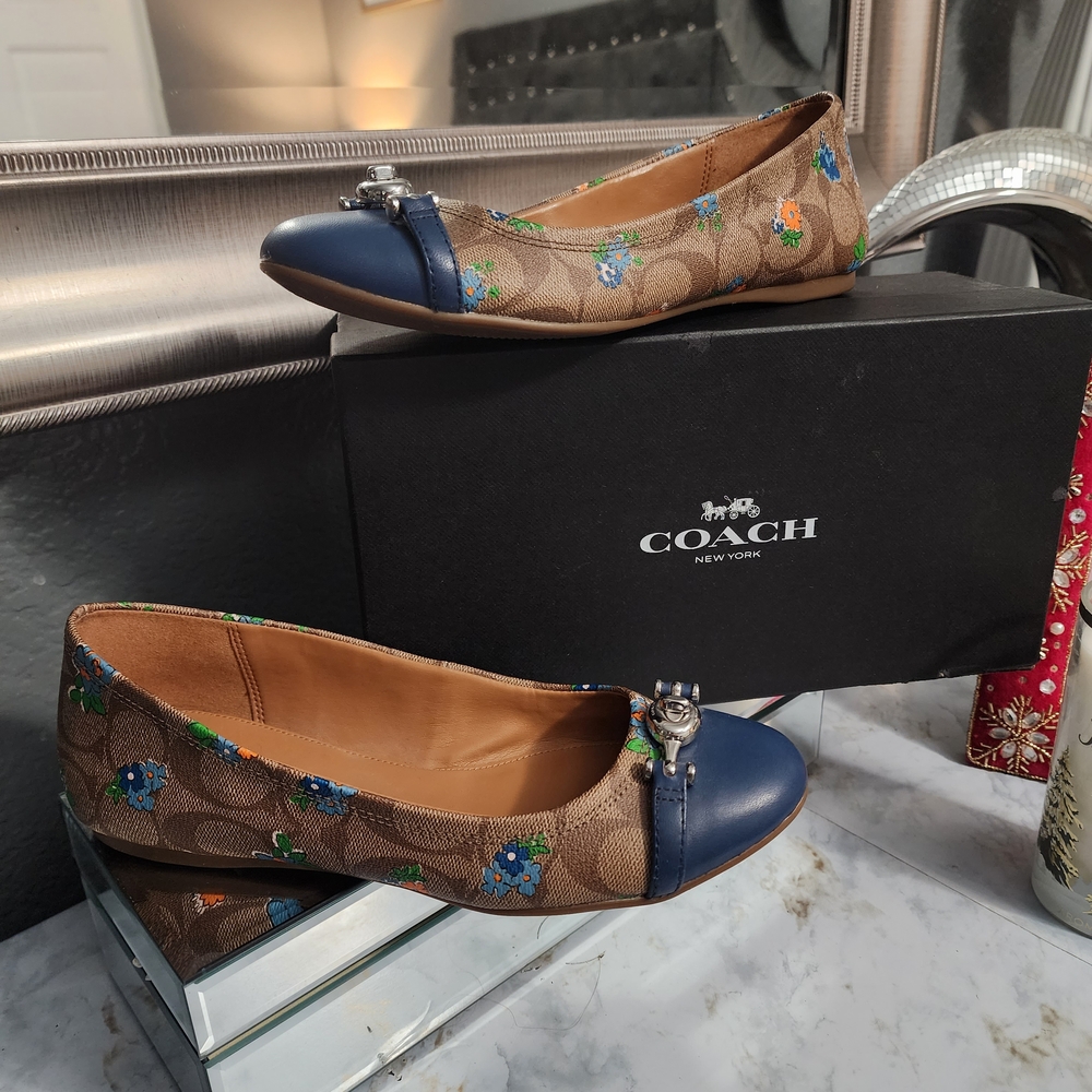 Coach Brown and Blue Flats with Signature Pattern